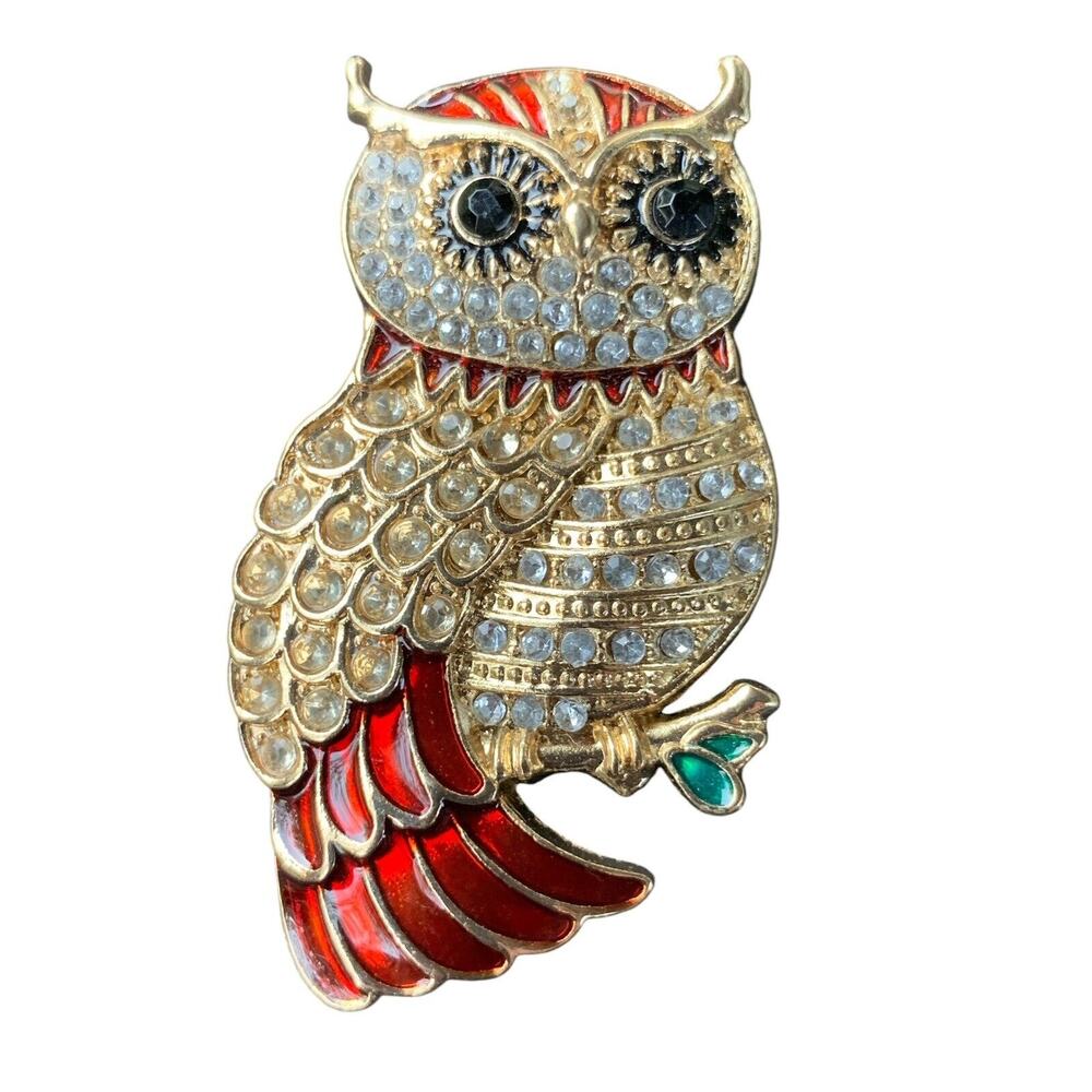 Colorful Owl MAGNET Gold-Toned & Red Enamel Rhinestones Black Jeweled Eyes